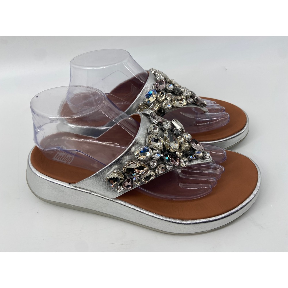 FitFlop Sandals Women 8.5 Silver F-Mode Deluxe Glam Crystal Platform Wedge Thong